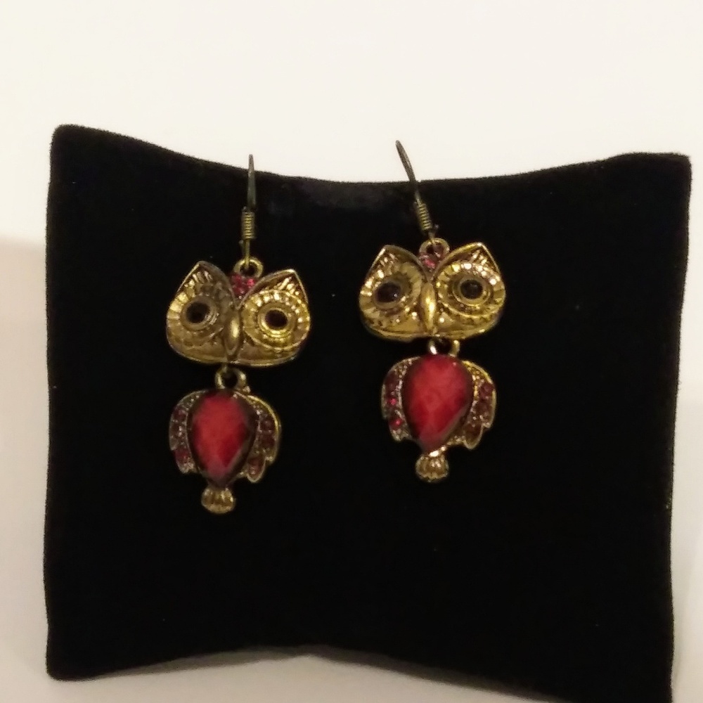 Red and Gold Owl Fashion Earrings NWT